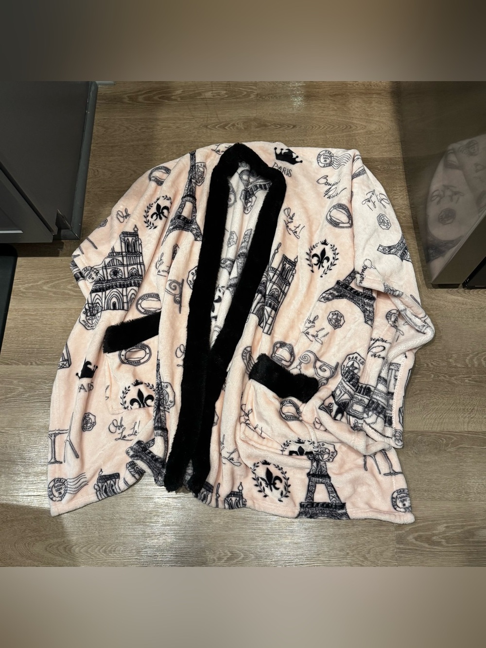 Plush Paris Print Robe-Style Coat with Black Trim